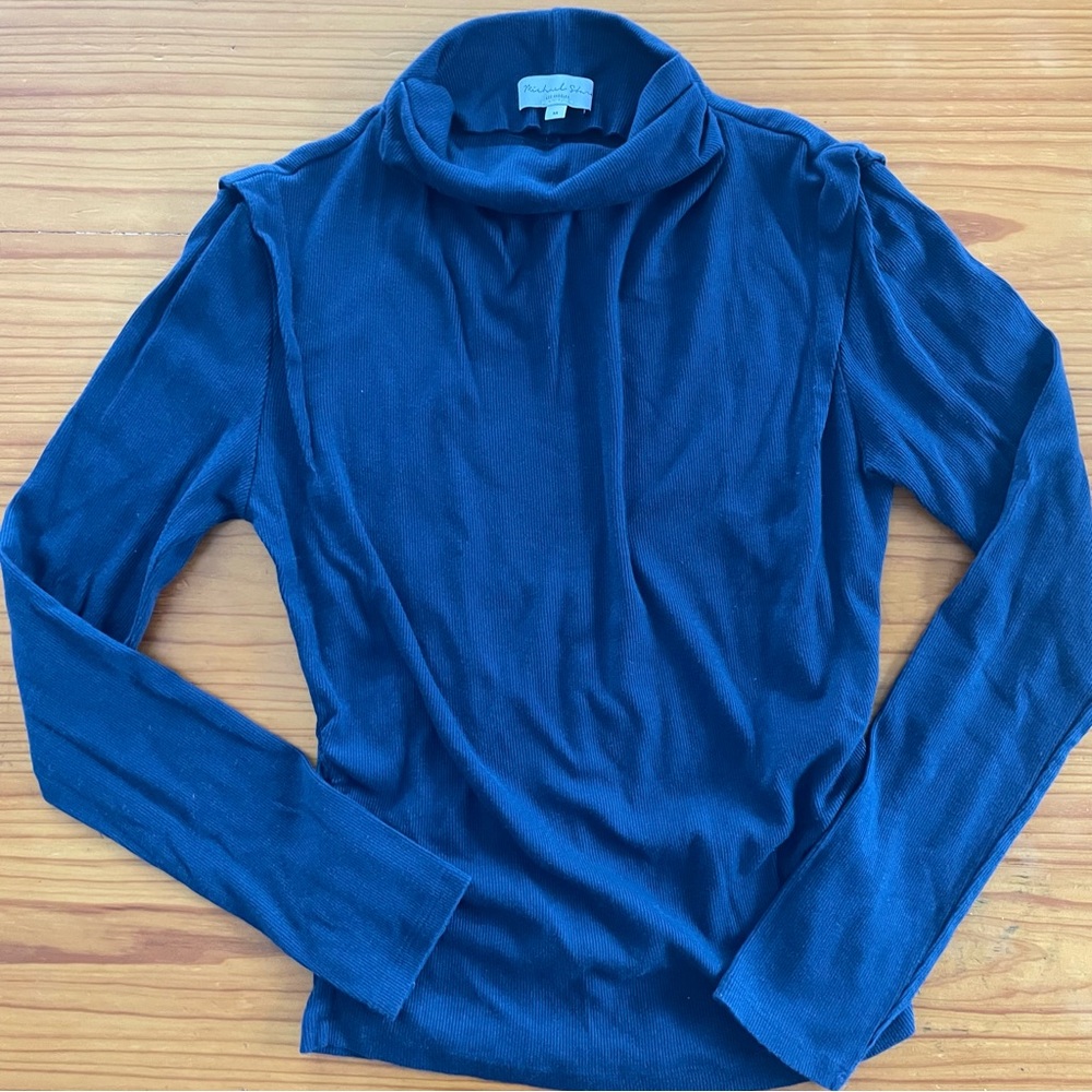 Ribbed Knit Turtleneck Mock Neck Navy Long Sleeve Tee | Made in USA